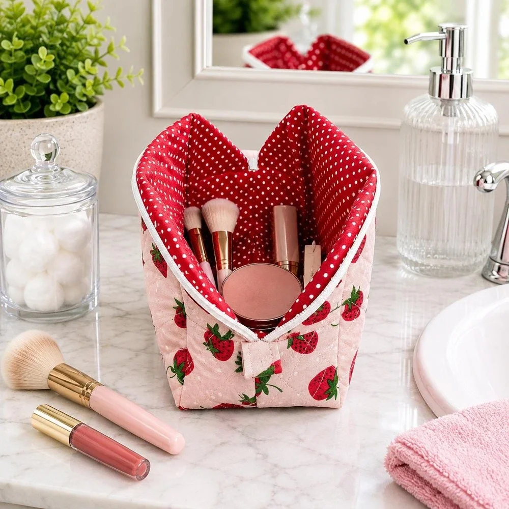 Strawberry Makeup Bag, Quilted Cosmetic Bag, Travel Toiletry Bag, Organizer Bag